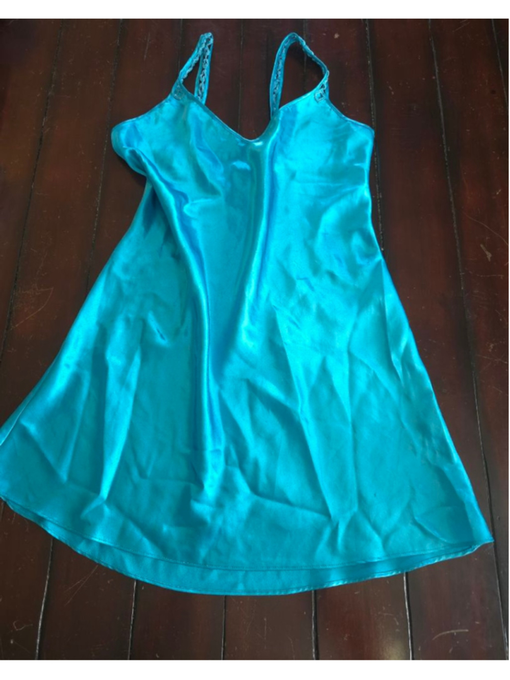VINTAGE 80s 90s Women's California Dynasty Teal Satin Chemise Slip Dress Medium